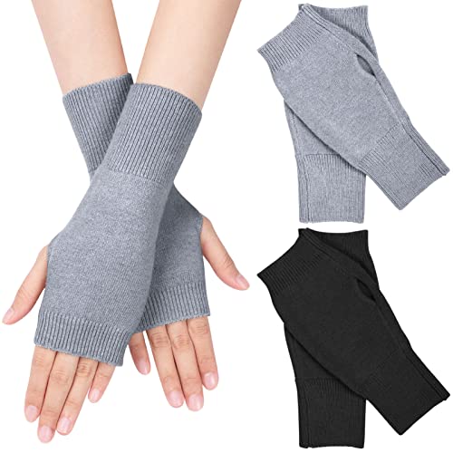 MELLIEX 2 Paar Halb Fingerlose Handschuhe, Winter Pulswärmer Handschuhe Unisex Warm Weiche Strickhandschuhe Schwarz/Grau von MELLIEX