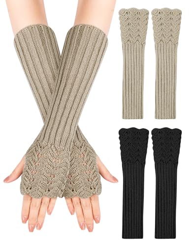 MELLIEX 2 Paar Lange Fingerlose Handschuhe, Winter Stricken Halbfingerhandschuhe Armstulpen mit Daumenloch für Damen Herren von MELLIEX