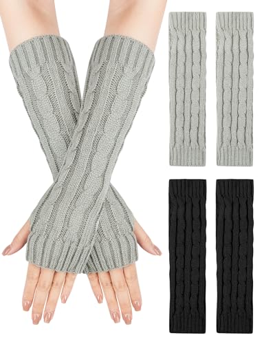 MELLIEX 2 Paar Lange Fingerlose Handschuhe, Winter Stricken Halbfingerhandschuhe Armstulpen mit Daumenloch für Damen Herren von MELLIEX