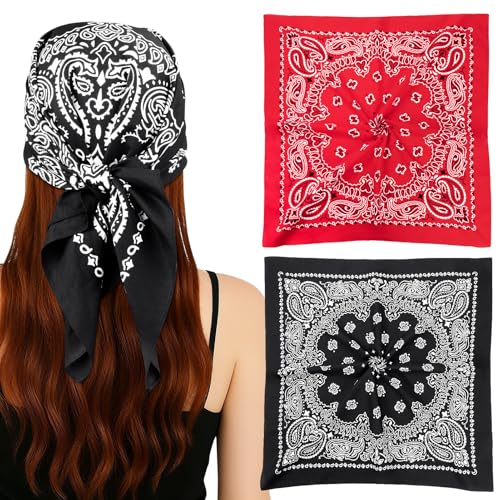 MELLIEX 2 Stück Bandana Kopftuch Herren Damen, Baumwolle Paisley Halstuch, Cowboy Nickituch, 70 x 70 cm, Schwarz und Rot von MELLIEX