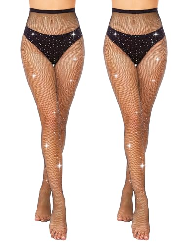 MELLIEX 2 Stück Glitzer Strumpfhosen Damen, Dehnbare Strass Netzstrumpfhose, Hoher Taille Fischnetz Strumpfhose, Schwarz von MELLIEX