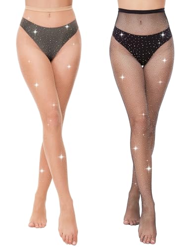 MELLIEX 2 Stück Netzstrumpfhose, Strass Fishnet Stockings Hohe Taille Netzstrumpfhose Glitzer Strumpfhose Damen, Schwarz & Hautfarbe von MELLIEX