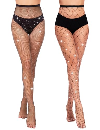 MELLIEX 2 Stück Netzstrumpfhose,Strass Fishnet Stockings Hohe Taille Netzstrumpfhose Glitzer Strumpfhose Damen(Großes Netz, Kleines Netz) von MELLIEX
