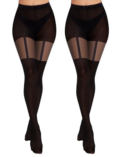 MELLIEX 2 Stück Strapsstrumpfhose für Damen, Schwarze Strumpfhose Overknee Optik, Strumpfhose Blickdicht für Damen 120/40 Denier von MELLIEX