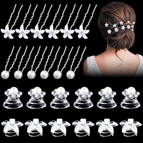 MELLIEX 24 Stücke Haarnadeln Hochzeit, Blumen Perlen Braut Haarschmuck, U-Förmige Brautschmuck Haarnadeln, Strass Curlies Spiralen Haarspange für Frauen und Mädchen von MELLIEX