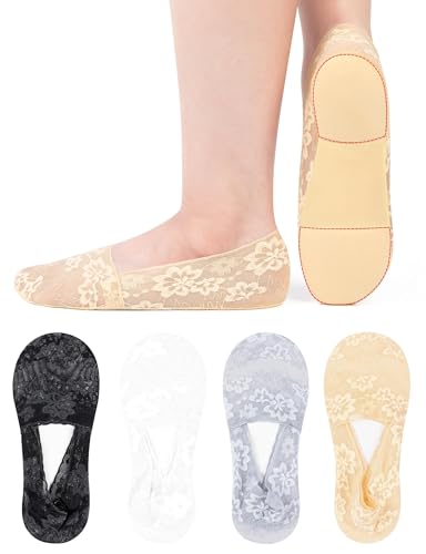 MELLIEX 4 Paar Füßlinge Damen, Unsichtbare Ballerina Socken Rutschfeste, Atmungsaktive Spitze Füsslinge mit Baumwollpolster, Blumen von MELLIEX