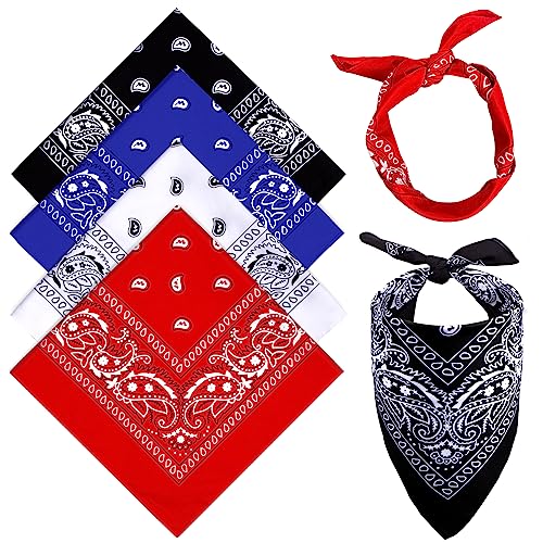 MELLIEX 4 Stück Bandana Kopftuch Damen und Herren, Paisley Halstuch Dreickstuch Schal Pirat Cowboy Tuch Nickitücher, 54 x 54 cm (Schwarz, Rot, Blau, Weiß) von MELLIEX