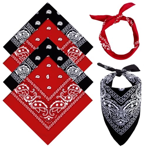 MELLIEX 4 Stück Bandana Kopftuch Damen und Herren, Paisley Halstuch Dreickstuch Schal Pirat Cowboy Tuch Nickitücher, 54 x 54 cm - Schwarz, Rot von MELLIEX