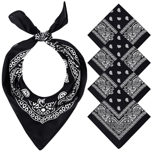 MELLIEX 4 Stück Bandana Kopftuch Damen und Herren, Paisley Halstuch Dreickstuch Schal Pirat Cowboy Tuch Nickitücher, 54 x 54 cm - Schwarz von MELLIEX