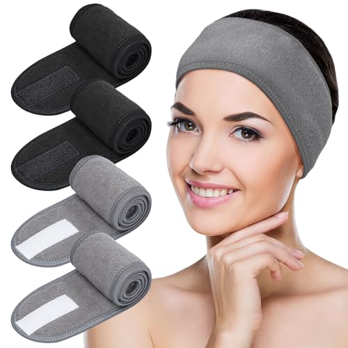 MELLIEX 4 Stück Kosmetik Haarband, Spa Stirnband Frottee Haarbänder für Make Up Sport Yoga Verstellbare Haarschutzband mit Klettverschluss(Schwarz+Grau) von MELLIEX