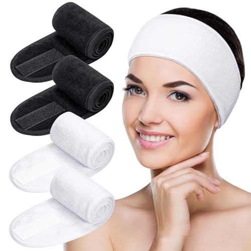MELLIEX 4 Stück Kosmetik Haarband, Spa Stirnband Frottee Haarbänder für Make Up Sport Yoga Verstellbare Haarschutzband mit Klettverschluss(Schwarz+Weiß) von MELLIEX