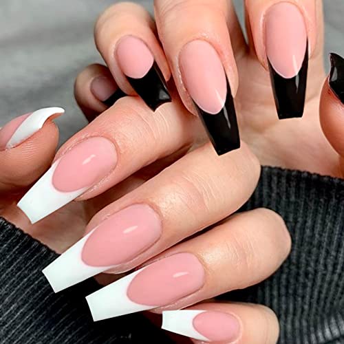 MELLIEX 48 Stück Fingernägel Zum Aufkleben Lang, French Künstliche Nägel Ballerina Press on Nails Coffin Falsche Nägel Tips mit Nagelkleber DIY Nagelkunst für Frauen von MELLIEX