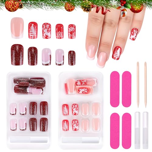 MELLIEX 48 Stück Press on Nails Weihnachten,Vollständige Abdeckung Künstliche Nägel Weihnachten Frauen Fingernägel zum Aufkleben Weihnachten mit Kleber für Mädchen Frauen Nagelkunst Dekoration von MELLIEX