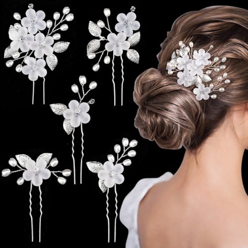 MELLIEX 5 Stück Hochzeit Haarnadeln, Blumen Perlen Braut Haarschmuck Silber Brautschmuck Haare U-förmig Hochzeit Haarspangen für Frauen Mädchen von MELLIEX