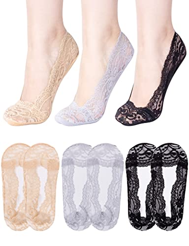 MELLIEX 6 Paar Damen Unsichtbare Socken, Füßlinge Spitze Ballerina Söckchen Frauen Halbsocken mit Rutschfest Silikon（Größe 34-38） von MELLIEX