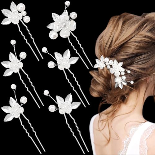 MELLIEX 6 Stück Haarschmuck Hochzeit, Blumen Perlen Braut Haarschmuck, U-Förmige Haarnadeln Hochzeit, Brautschmuck Haare Für Frauen Und Mädchen, Silber von MELLIEX