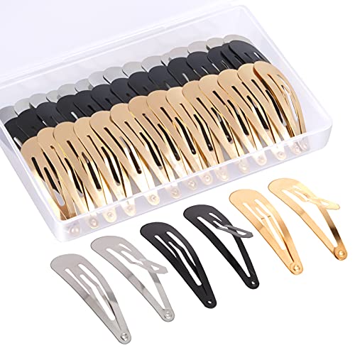 MELLIEX 60 Stück Snap Haarspangen Damen, 5cm Metall Snap Haarclips Haar Snap Clips Kinder Haarklammern mit Box für Damen Mädchen Herren (Gold, Silber, Schwarz) von MELLIEX