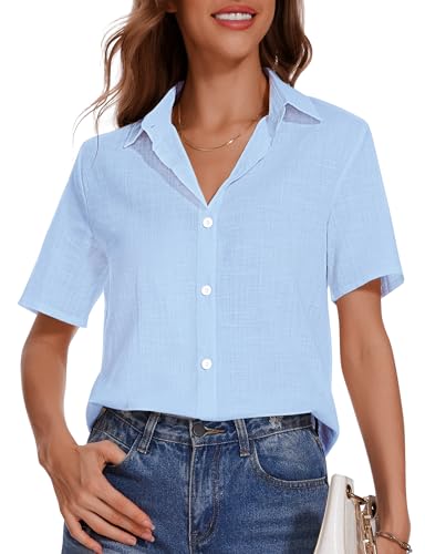 MELLIEX Bluse Damen Lässiges Button-Down Kurzarm Hemdbluse Sommer V-Ausschnitt Leinenbluse Solide Blusenshirt Elegant Oberteile von MELLIEX