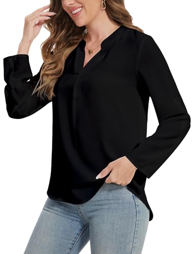 MELLIEX Bluse V-Ausschnitt Hemd Elegant 3/4 Ärmel Longshirt Oberteile T-Shirts fur Damen - Schwarz - M von MELLIEX