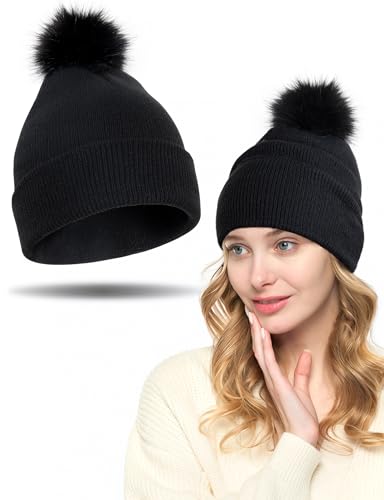 MELLIEX Bommelmütze Damen Herren, Warme Wintermütze Doppellagige Acryl Futter Strickmütze, Slouch Beanie Mütze mit Kunstpelz Bommel von MELLIEX