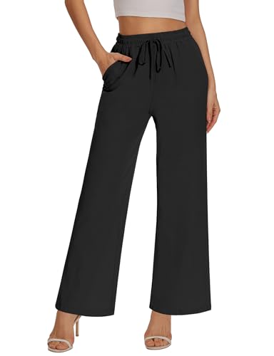 MELLIEX Damen Hosen Sommer, Casual Locker Leinenhose Freizeithose Palazzo Hose Weite Leg Hose Sommerhose Hohe Taille mit Tunnelzug und Taschen, Schwarz-L von MELLIEX