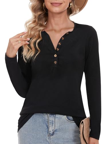 MELLIEX Damen Shirt Langarm V-Ausschnitt Oberteile Basic Button Casual Langarmshirt, Schwarz von MELLIEX