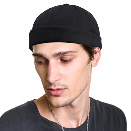 MELLIEX Docker Cap Baumwolle Mütze Tragbar Hat Brimless Hat Casual Rolled Cuff Harbour Hat Herrenmütze Unisex für den Sommer - Schwarz 56-60 cm von MELLIEX
