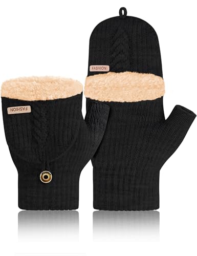 MELLIEX Thermo Halbfinger Handschuhe, Fingerlose Handschuhe mit Kappe, Dicke Strickhandschuhe, Weiche Fäustlinge, Schwarz, Unisex, Medium to Large (M/L), Acryl + Polyester (50/50) von MELLIEX
