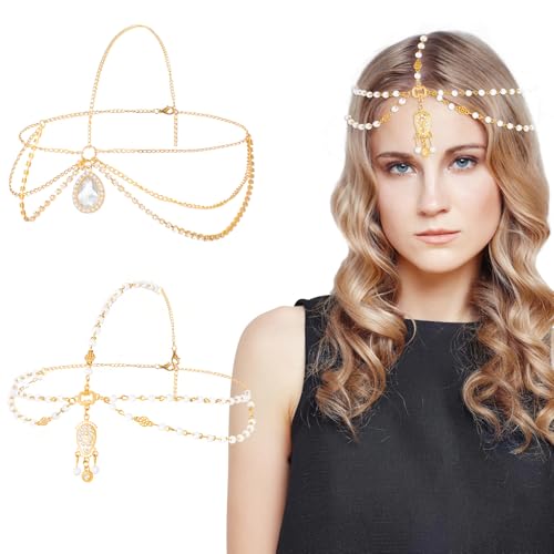 MELLIEX Kopfkette Gold, 2 Stück Boho Quaste Kopfschmuck Perlen Strassstein Haarkette für Frauen und Mädchen von MELLIEX