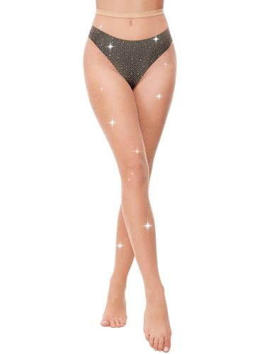 MELLIEX Netzstrumpfhose, Strass Fishnet Stockings Hohe Taille Netzstrumpfhose Glitzer Strumpfhose Damen, Hautfarbe von MELLIEX