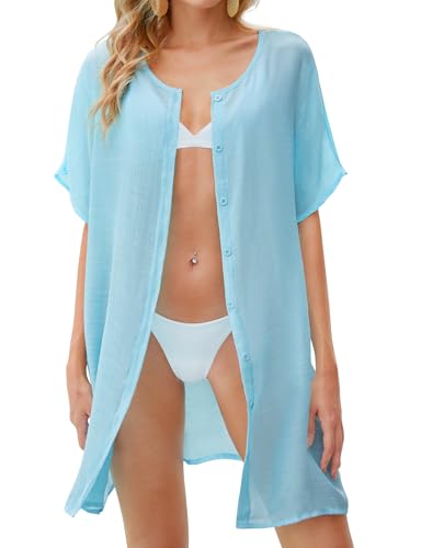 MELLIEX Strandkleid Damen Baumwolle Strandtunika mit Knöpfen Sommer Strandponcho Bademode Strand Vertuschen Locker Kurzarm Strandbluse, Blau-XXL von MELLIEX