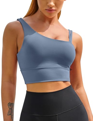 MELYUM Damen One Shoulder Sport BH Longline Padded Workout Crop Tank Tops Fitness Yoga Asymmetrisches Top, Blau, Mittel von MELYUM