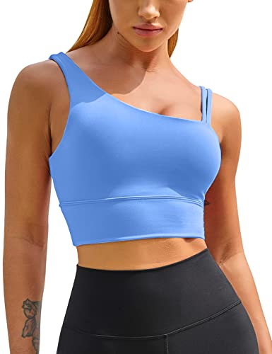 MELYUM Damen One Shoulder Sport BH Longline Padded Workout Crop Tank Tops Fitness Yoga Asymmetrisches Top, Hellblauer Sport-BH, Mittel von MELYUM