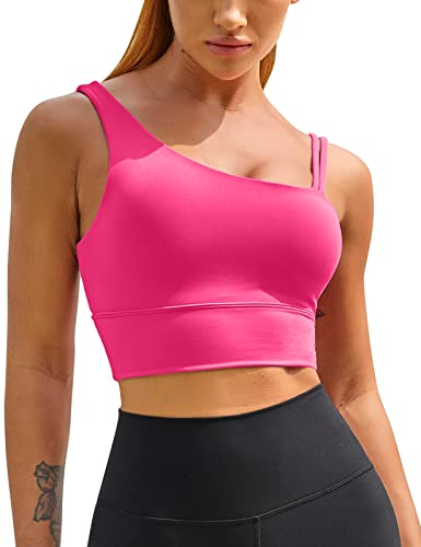 MELYUM Damen One Shoulder Sport BH Longline Padded Workout Crop Tank Tops Fitness Yoga Asymmetrisches Top, Hotpink Tanktop mit einer Schulter, Large von MELYUM