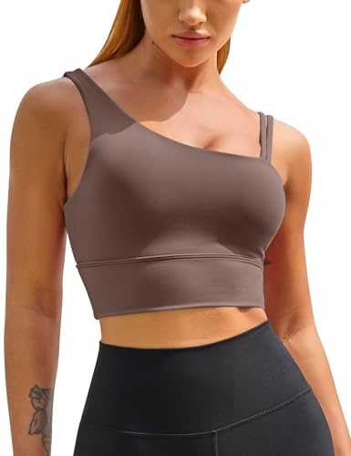 MELYUM Damen One Shoulder Sport BH Longline Padded Workout Crop Tank Tops Fitness Yoga Asymmetrisches Top, Lunar Rock Grey, Medium von MELYUM