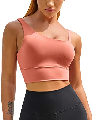 MELYUM Damen One Shoulder Sport BH Longline Padded Workout Crop Tank Tops Fitness Yoga Asymmetrisches Top, korallenrot, Mittel von MELYUM