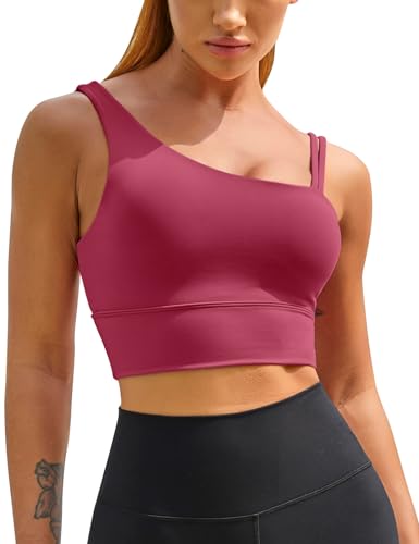 MELYUM Langer Sport-BH für Damen, ein Riemen, Workout, bauchfrei, Tank-Top, unterstützend, Yoga, offener Rücken, asymmetrische Activewear, Rosenrot, small von MELYUM