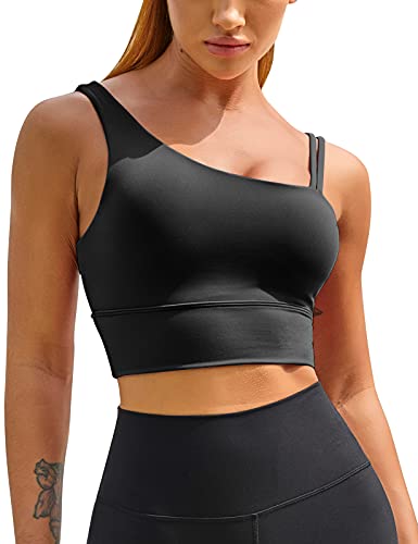 MELYUM Langer Sport-BH für Damen, ein Riemen, Workout, bauchfrei, Tank-Top, unterstützend, Yoga, offener Rücken, asymmetrische Activewear, Schwarz, Large von MELYUM