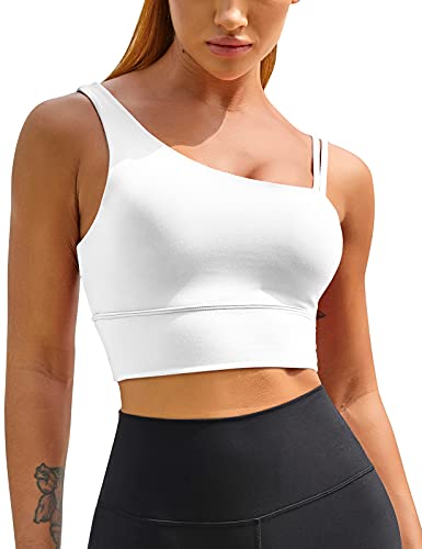 MELYUM Langer Sport-BH für Damen, ein Riemen, Workout, bauchfrei, Tank-Top, unterstützend, Yoga, offener Rücken, asymmetrische Activewear, Weiss/opulenter Garten, Medium von MELYUM