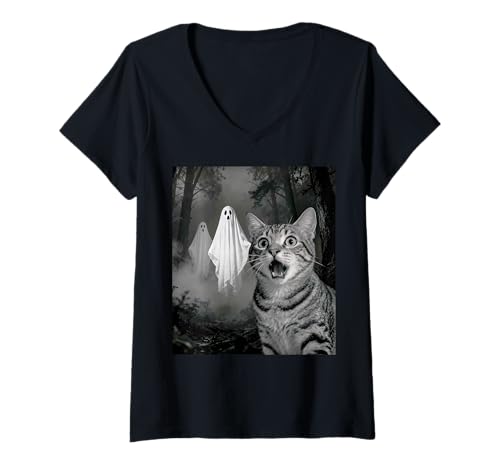 Damen Halloween-Katzen-Selfie mit gruseligem Geist T-Shirt mit V-Ausschnitt Damen Halloween-Katzen-Selfie mit gruseligem Geist T-Shirt mit V-Ausschnitt von MEME Halloween Scared Cat Selfie with Ghost Tees