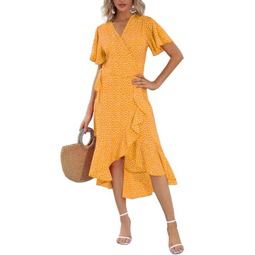 MEME XTRA Damen Kleid Elegant V-Ausschnitt Kurzarm Wickelkleid Rüschensaum Casual Leichtgewicht Sommer Strand Maxi Dress von MEME XTRA