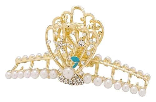 KrallenclipHaarspangen Damen Perlen Haarspange Metall Haarspange Thic Hair Gold Haarschmuck Große zwei goldene Muscheln Crysta Kieferklammer Krallenklammern Geschenke for Frauen Mädchen von MEMEM