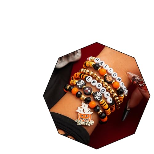 MEMFALL Stapelbare Halloween-Armbänder – Kürbis-Spinnen-Boo Tonperlen-Armbänder für Damen, Party-Schmuck, ADJUSTABLE, Legierung, Kein Edelstein von MEMFALL