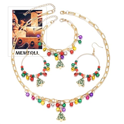 MEMFALL Weihnachts-Schmuck-Set mit Glöckchen, Weihnachts-Halsketten für Damen, Weihnachtsohrringe, Weihnachts-Armbänder, Weihnachtsgeschenk-Set, Metall, Kein edelstein von MEMFALL