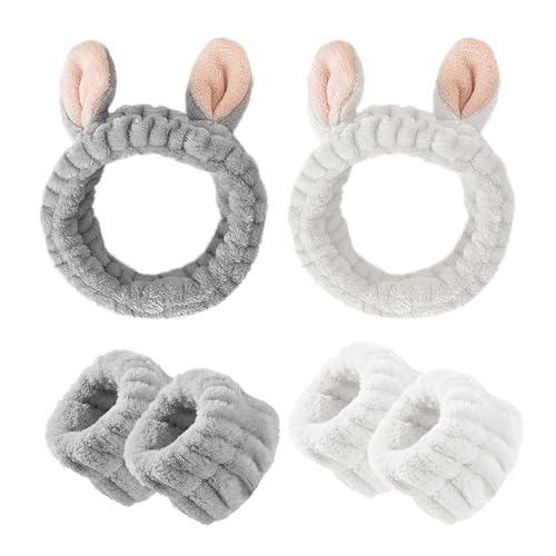 2er-Set Hasenohren-Stirnbänder mit 4 Stück Handgelenkbändern, Damen-Make-up-Stirnbänder, elastische Stirnbänder, niedliche Kopfbedeckung zum Waschen des Gesichts, Schminken, Baden (weiß, grau) von MEMOFYND
