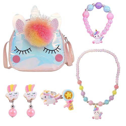MEMOFYND 1 Cartoon Umhängetasche und 6 Stück Zubehör, Schmuckset Spielzeug, Prinzessin Halskette Armband Ring Ohrringe, geeignet für Kinderparty, Geburtstagsfeier, Mädchengeschenk von MEMOFYND