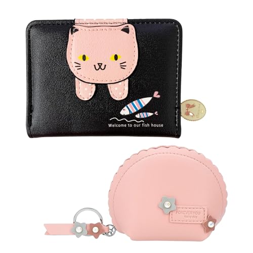 MEMOFYND 1 PC-Geldbörse für Damen mit 1 PC-Geldbörse, zweifach Faltbare Leder-Geldbörse, Cartoon-Geldbörse, Reißverschluss-Geldbörse für Frauen und Mädchen (schwarz) von MEMOFYND
