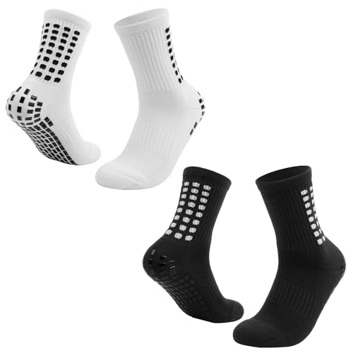 MEMOFYND 2 Stück Griffige Fußballsocken, Trainingssocken Für Männer Und Frauen, Knöchelsocken, Atmungsaktiv Und Rutschfest, Geeignet Für Outdoor-Fitness-Sportarten (Weiß, Schwarz) von MEMOFYND