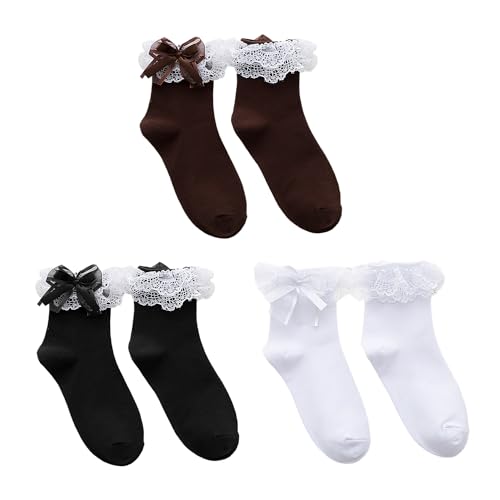 MEMOFYND 3 Paar Spitzen-Mittelwadensocken, Spitzen-Rüschensocken, Damen-Rüschensocken, Spitzensocken, Bobby-Socken, Kleidersocken, Passend Zu Passenden Schuhen Und Kleidung (Schwarz, Weiß, Braun) von MEMOFYND