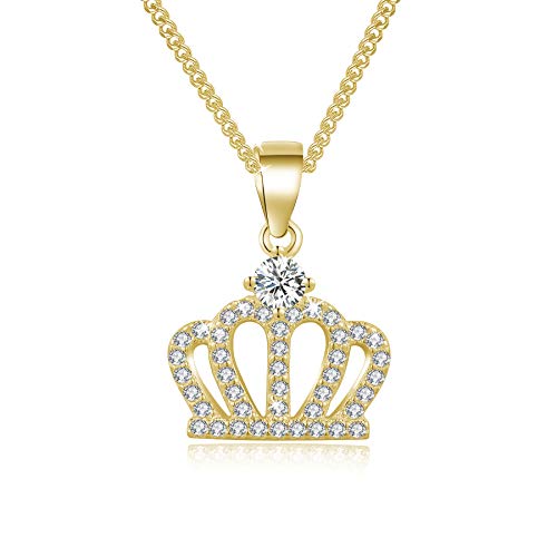 MENDOZZA Damen Kette Krone Anhänger 925er Silber Halskette Crown Queen Zirkonia Gold 50 cm von MENDOZZA